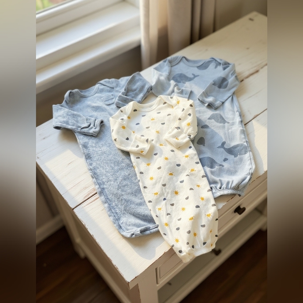 Simple Joys Baby Sleep Gowns in Blue and White Set Of 3, Sz 0-3M